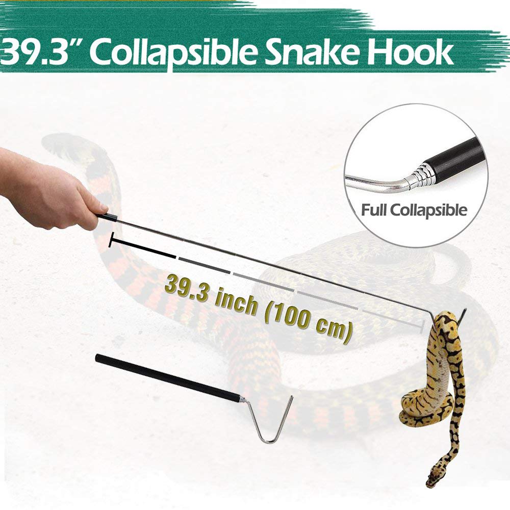 IClover Collapsible Snake Hook for Catching, Controlling, or Moving Snakes,  Professional Retractable Stainless Steel Reptile Hook with Non-Slip Handle