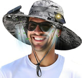 Solar Powered Fan Hat - 2 Solar & USB Fans Fishing Hat - 3-Speed Adjustable,UPF 50+ Sun Protection，Men Outdoor Wide Brim Sun Hat with Built-in Solar Fans for Fishing Summer Camping Hiking  Beach