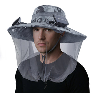 Mosquito Net Hat with Solar Powered Fan - 2 Solar & USB Fans Wide Brim Cooling Hat with Bug Netting, Adjustable Solar Fan Fishing Hat for Men Women Outdoor Hiking Camping Gardening Summer