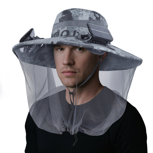 Mosquito Net Hat with Solar Powered Fan - 2 Solar & USB Fans Wide Brim Cooling Hat with Bug Netting, Adjustable Solar Fan Fishing Hat for Men Women Outdoor Hiking Camping Gardening Summer
