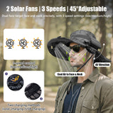 Solar Powered Fan Hat - 2 Solar & USB Fans Fishing Hat - 3-Speed Adjustable,UPF 50+ Sun Protection，Men Outdoor Wide Brim Sun Hat with Built-in Solar Fans for Fishing Summer Camping Hiking  Beach