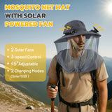 Mosquito Net Hat with Solar Powered Fan - 2 Solar & USB Fans Wide Brim Cooling Hat with Bug Netting, Adjustable Solar Fan Fishing Hat for Men Women Outdoor Hiking Camping Gardening Summer