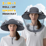 Mosquito Net Hat with Solar Powered Fan - 2 Solar & USB Fans Wide Brim Cooling Hat with Bug Netting, Adjustable Solar Fan Fishing Hat for Men Women Outdoor Hiking Camping Gardening Summer