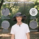 Solar Powered Fan Hat - 2 Solar & USB Fans Fishing Hat - 3-Speed Adjustable,UPF 50+ Sun Protection，Men Outdoor Wide Brim Sun Hat with Built-in Solar Fans for Fishing Summer Camping Hiking  Beach