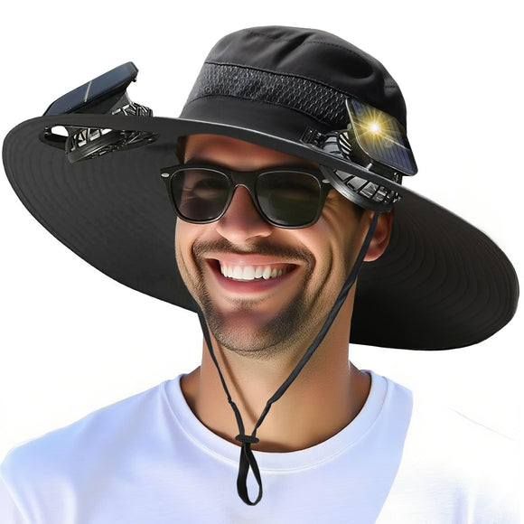 Solar Powered Fan Hat - 2 Solar & USB Fans Fishing Hat - 3-Speed Adjustable,UPF 50+ Sun Protection，Men Outdoor Wide Brim Sun Hat with Built-in Solar Fans for Fishing Summer Camping Hiking  Beach