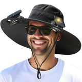 Solar Powered Fan Hat - 2 Solar & USB Fans Fishing Hat - 3-Speed Adjustable,UPF 50+ Sun Protection，Men Outdoor Wide Brim Sun Hat with Built-in Solar Fans for Fishing Summer Camping Hiking  Beach