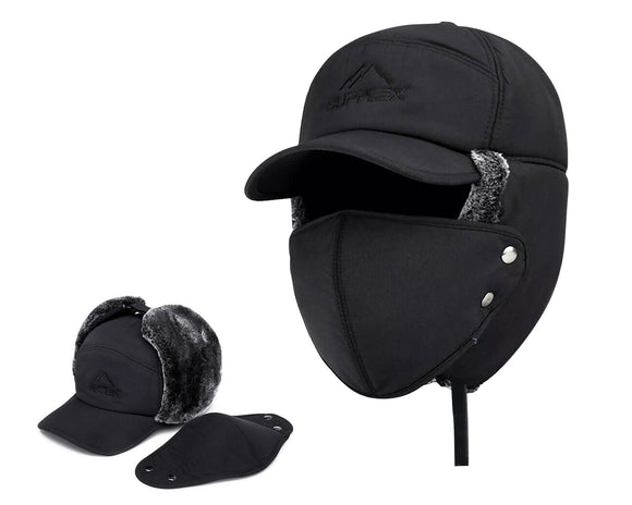 Winter Trapper Hat - Thermal Hats with Removable Mask & Earflaps, Waterproof Ushanka Russian Winter Cap Warm Faux Fur Ear Flap, 3-in-1 Fleece Lined Aviator Hat Men Women Snow Ski Hunting Cycling