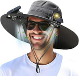 Solar Powered Fan Hat - 2 Solar & USB Fans Fishing Hat - 3-Speed Adjustable,UPF 50+ Sun Protection，Men Outdoor Wide Brim Sun Hat with Built-in Solar Fans for Fishing Summer Camping Hiking  Beach