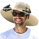 Solar Powered Fan Hat - 2 Solar & USB Fans Fishing Hat - 3-Speed Adjustable,UPF 50+ Sun Protection，Men Outdoor Wide Brim Sun Hat with Built-in Solar Fans for Fishing Summer Camping Hiking  Beach